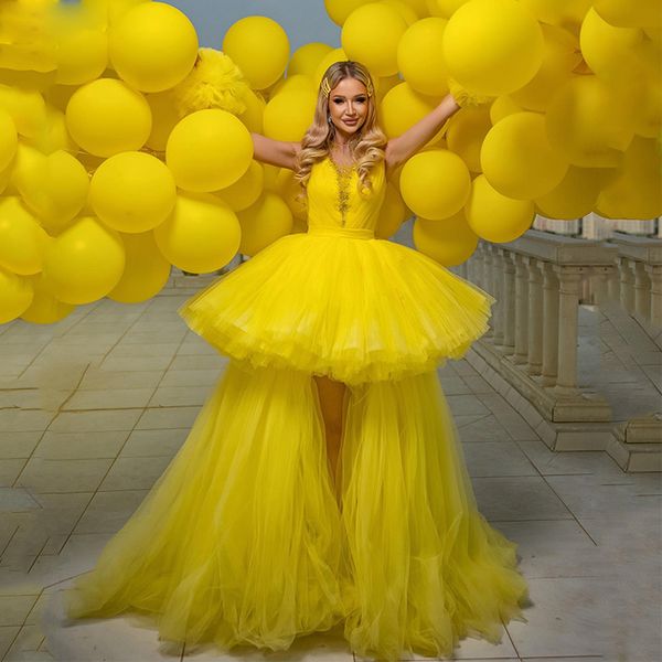 Robe de bal jaune haute et basse, col perlé, à volants, robe d'anniversaire, devant court, dos, longue queue, robe de soirée, 326 326