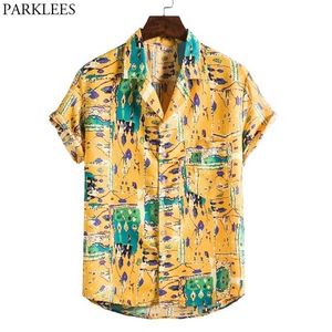 Jaune Encre Imprimer Hommes Chemise Hawaïenne Marque À Manches Courtes Tropical Aloha Chemises Hommes Casual Boutonné Vacances Vêtements 210522