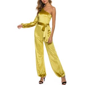 Geel Jumpsuit Dames Velours Elegant Glanzende Rompertjes Overall One Shoulder Lange Mouw Breed Broek Sjerpen Party Festival Evenementen 210527