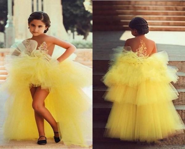 Niños amarillos ropa formal 2019 Vestido de niña de flores para boda Aline High Low Organza Tulle Pequeños vestidos de concurso con apliques8555740