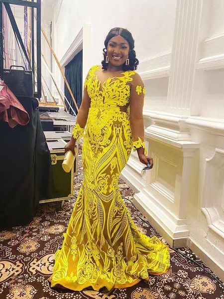 Jaune dentelle appliques sirène robes de soirée bijou cou pleine manches Illusion corps occasion spéciale robes de bal 2021 grande taille