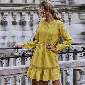 Gele kanten jurk shirt vrouwen herfst winter korte elegante dames lange mouw casual 210427