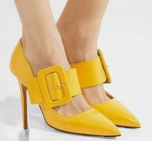 Chaussures habillées en cuir jaune pour femmes, escarpins Mary Jane à talons hauts, élégants, à bout pointu, avec grande boucle, décor à talons fins