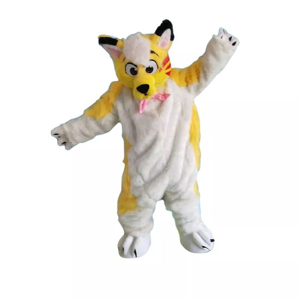 Disfraz de Mascota de dibujos animados de perro zorro Husky de pelo largo amarillo, vestido de personaje de animales adultos, trajes de desfile de Navidad de Halloween Outlet