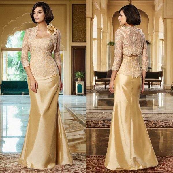 Vestidos largos amarillos para madre del novio con chaquetas Vestido de madre con cuentas de encaje con apliques Vestidos para madre de novia Vestidos para mujeres africanas AMM070