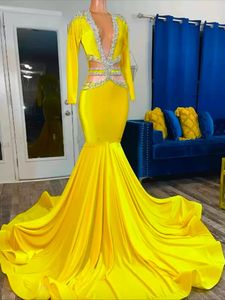 Robe de bal sirène jaune à manches longues, perlée, pour filles noires, robes de soirée pour occasions spéciales, robe de célébrité pour femmes, 2024