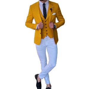 Gele mannenpakken voor bruiloft slim fit jas vest met broek 3 stuk groomsmen tuxedo op maat gemaakt mannelijk mode kostuum 2021 x0909
