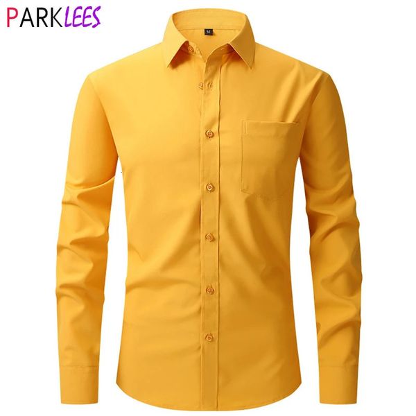 Camisas de vestir amarillas para hombre, camisa con botones elástica de ajuste Regular para primavera, camisa Formal informal de fácil cuidado sin arrugas para hombre 240320