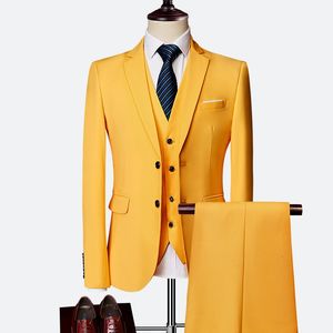 Gele herenpakken voor bruidegom smoking merkeerde revers slim fit blazer drie stuk jas broek vest man op maat gemaakte kleding
