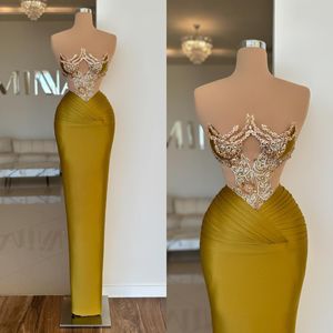 Gele zeemeermin donkere elegante kralen strapless prom jurk kralen lange jurken voor speciale ocns gesneden zijkanten avondjurken es