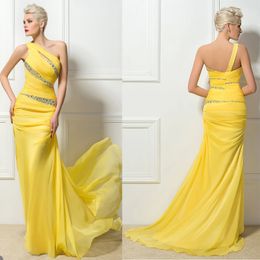 Robe de soirée sirène jaune, asymétrique épaule dénudée, plissée, paillettes, robes de bal, dos nu, traîne de balayage, robe formelle