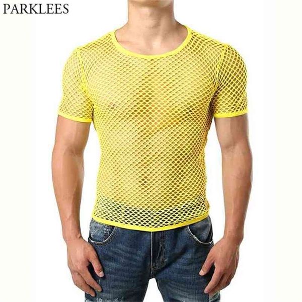Mesh amarilla See a través de la camiseta Men sexy Camiseta de pescado de manga corta Homme Hip Hop Streetwear Tops Tees 210716