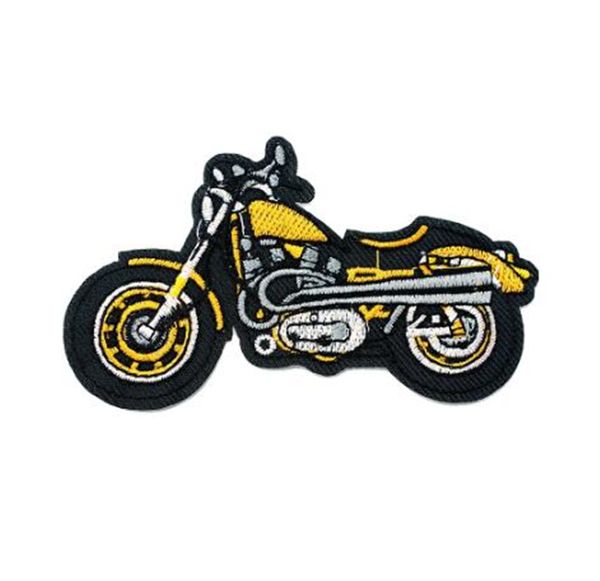 Tamaño de la motocicleta amarilla: 10x5,5 cm, insignias de parche de tela DIY, apliques bordados, pegatinas de costura para ropa, accesorios de ropa, parches
