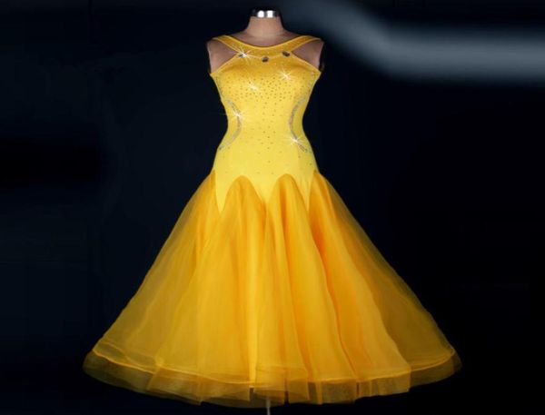 Amarillo Nuevo vestido de baile de salón para adultos/niñas Vestido de baile de competición estándar de vals tango moderno Vestido sexy sin mangas del Rin personalizado 0099762816