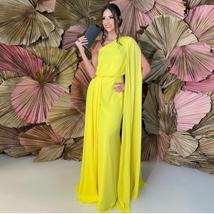 Jaune Une Épaule Bohème Robes De Soirée En Mousseline De Soie A-ligne Plissé Tenue De Soirée Etage Longueur Wrap Manches Femmes Maxi Robe 326 326