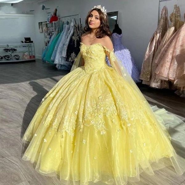 Vestido de fiesta de organza amarillo Vestidos de quinceañera 2022 Magníficos vestidos de fiesta Flores 3D Con cuentas Dulce 16 Vestido Vestidos De Fiesta B0701G04274f