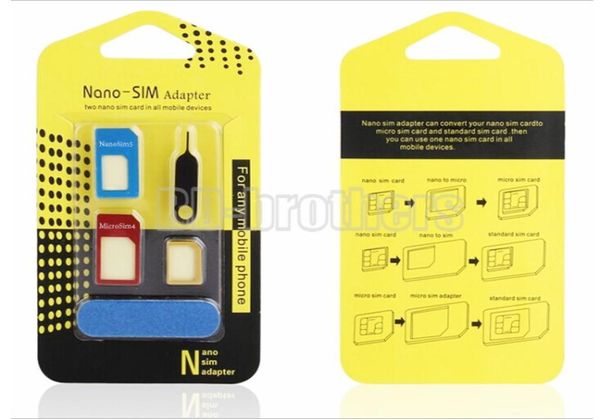 Caja de embalaje amarillo 5 en 1 adaptador de tarjeta SIM de metal nano micro adaptador con papel de lija para iPhone 4 5 6 1000Setslot1343944