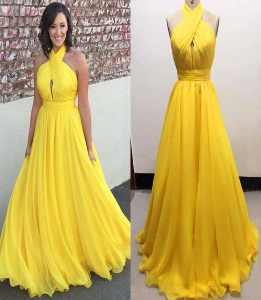 Vestidos de noche largos de gasa de talla grande amarillo. Vestidos de noche sin espalda, longitudes sin espalda, vestidos de noche formales1327699