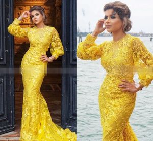 Gele dichter Lange mouw prom avondjurken voor speciale gelegenheid 2020 Dure Nigeriaanse kant Mermaid Zuid -Afrikaanse formele jurk beroemdheden