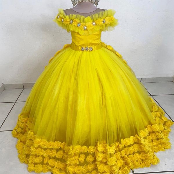 Robe des filles de fleurs de princesse jaune 2024 TULLE CRISTAL FLOWER LACE-UP Pageant Ball Robes Child Robe Première Communion Vestidos