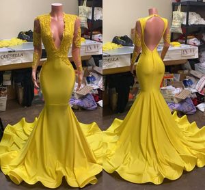 Jaune robes de bal 2022 plongeant col en V manches longues dentelle appliques perlées ruché soirée Occasion porter grande taille vestidos