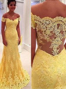 Geel Prom Party Toga Formele Avondjurken Goedkope Aangepaste Modeste Applicaties Kralen Off Shoulder Long Town Zeemeermin Stijl Elegante Meisjes