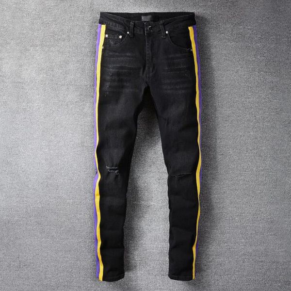 Jaune violet rayé jean hommes noir mince déchiré mode Streetwear pantalon décontracté Hip Hop danse quatre saisons crayon pantalon