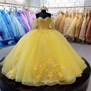 Robes de Quinceanera jaunes 2023 manches bouffantes robe de bal en tulle scintillant doux 15 ans filles robe de bal dentelle perlée doux 16 robe de fête d'anniversaire Vestidos De XV Anos