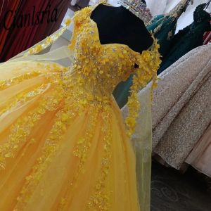 Robes de quinceanera jaune appliques longues fleur de train sweet 15 16 ans d'anniversaire de fête de fête robe de bal de bal miss gala fait personnalisé fabriqué