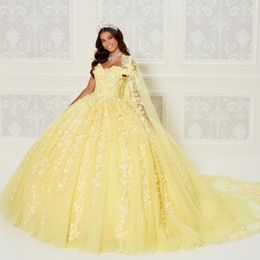 Abiti Quinceanera gialli con mantello 2024 paillettes perline fiori 3D con mantello principessa dolce 16 abito abiti da 15 anos