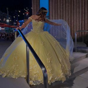 Robes De Quinceanera jaune avec Cape 203 paillettes perles fleurs 3D dos nu princesse douce 16 robe robes De 15 Anos
