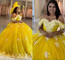 Gele quinceanera prachtige jurken kanten applique kralen tule van de schouder handgemaakte bloemen op maat gemaakt zoet 16 prinses pageant prom ball jurk vestidos