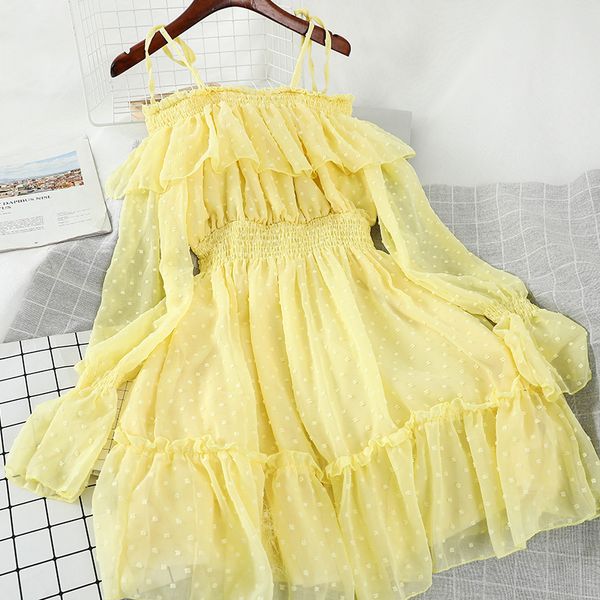 Jaune robe à volants femmes hors épaule robe en mousseline de soie à pois Slip robes femme soirée robe de soleil Sexy 2020 printemps automne 200925