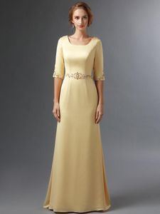 Geel satijn lange bescheiden bruidsmeisje jurken met half mouwen vierkante nek kralen taille moeder bruidsmeisje jurk elegante nieuwe echte foto