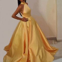 Yellow Satin Prom Party Evening Jurken Vestido de Noiva Sereia Robe de Soiree Vestido Novia Playa Formal Halter Neck