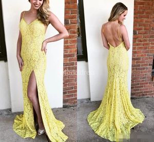 Geel Sexy Backless Kant Avondjurken Spaghettibandjes Zijsplit Sweep Trein Op maat gemaakte Prom Partij Jassen Formele Ocn Wear