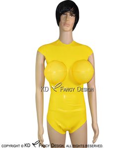 Costumes de maillot de bain en Latex Sexy jaune avec seins gonflables et manches à capuchon Body Suit Catsuit Body en caoutchouc 02126379179