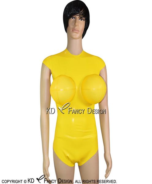 Traje de baño de látex Sexy amarillo con pechos inflables y mangas casquillo traje de cuerpo Catsuit mono de goma 02122145120