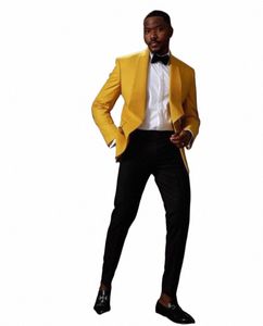 Geel Sjaalkraag Jas Zwarte Broek Heren Bruiloft Kleding Mannelijke Blazer Broek Kostuum Homme Slim Fit 2 Stuks Jas Outfit x984 #
