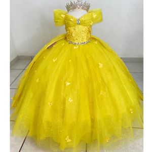 Jaune Brillant Fleur Filles Robe Hors Épaule Princesse Tull Robe De Bal Applique Cristaux Arc Première Communion Photoshoot