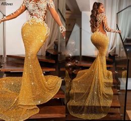 Geel Glanzende Lovertjes Zeemeermin Avondjurken Sexy Holle Lange Mouwen Gala Pageant Jurken Slim Fit Hof Trein Arabisch Dubai Speciale Gelegenheid Formele vestidos CL3115