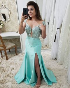 Gratis verzending Gele Side Slit Lange Prom Jurken Elegante Kralen Kant Applicaties Mermaid Prom Glozen Vestidos de Gala