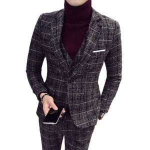 Blazer d'hiver pour hommes à carreaux à col en V à simple boutonnage jaune 3 pièces avec pantalon gilet costume de smoking de fête de mariage grande taille S-4XL 5XL X0909