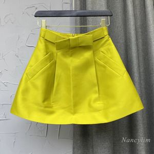 Gele Rok voor Vrouwen Lente en Zomer Driedimensionale Boog Taille A-lijn Satijn Mini Faldas Vrouwelijke Kleding 240309