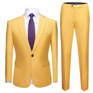 Geel Slim Fit Single Button Pak Mannen Party Wedding Prom Mens Past Formele Business Casual 2 Pieces Suit (jas + Broek) voor Mannen 210524