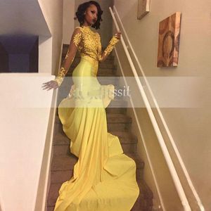 Geel Zuid -Afrikaanse prom -jurken met lange mouwen Mermaid kant -appliqued banket avondfeestjurk op maat gemaakte plus maat