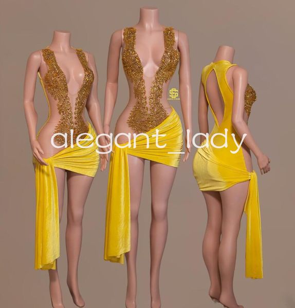 Mini robe de Cocktail de soirée jaune scintillante pour femmes, robe de luxe en maille transparente, diamant et cristal, robe de Gala d'anniversaire, fille noire