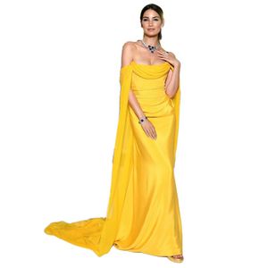 Robe de soirée sirène jaune sans bretelles, Cape en mousseline de soie plissée, robe de célébrité Simple et longue, robe de bal
