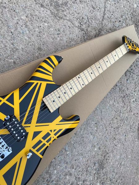 Guitarra eléctrica negra con rayas amarillas, cabezal tipo banana, barra profesional, puente trémolo Floyd Rose, tuerca de bloqueo, caoba de 6 cuerdas, mástil de arce personalizado de fábrica