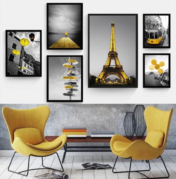 Imagen de paisaje de estilo amarillo, decoración del hogar, pintura en lienzo nórdico, impresión artística de pared, paisaje de fondo blanco y negro para sala de estar 11578431